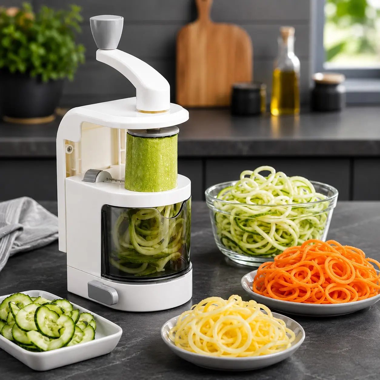 4-in-1 Vegetable Spiralizer with Rotating Blades, Zucchini Noodle Maker, Manual Veggie Spiral Cutter & Slicer with Strong Suction Cup Base for Vegetables, Fruits & Healthy Meal Prep, White