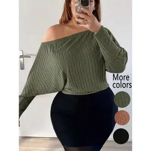 One off-shoulder ribbed knit sweater in plus sizes, featuring a fashionable loose fit, batwing sleeves, and a stylish cut—comfortable and chic, perfect for everyday wear and date styling for plus-size fashionistas. GARMENTARY