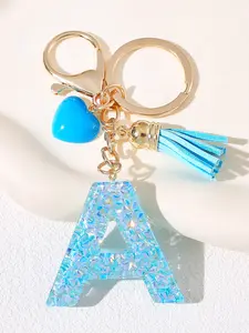 Women's Fashion Initial Keychain Blue Heart Tassel Resin Letter a M K S Pendant Key Chain Wallet Handbag Decoration Gift Keychain For Bags