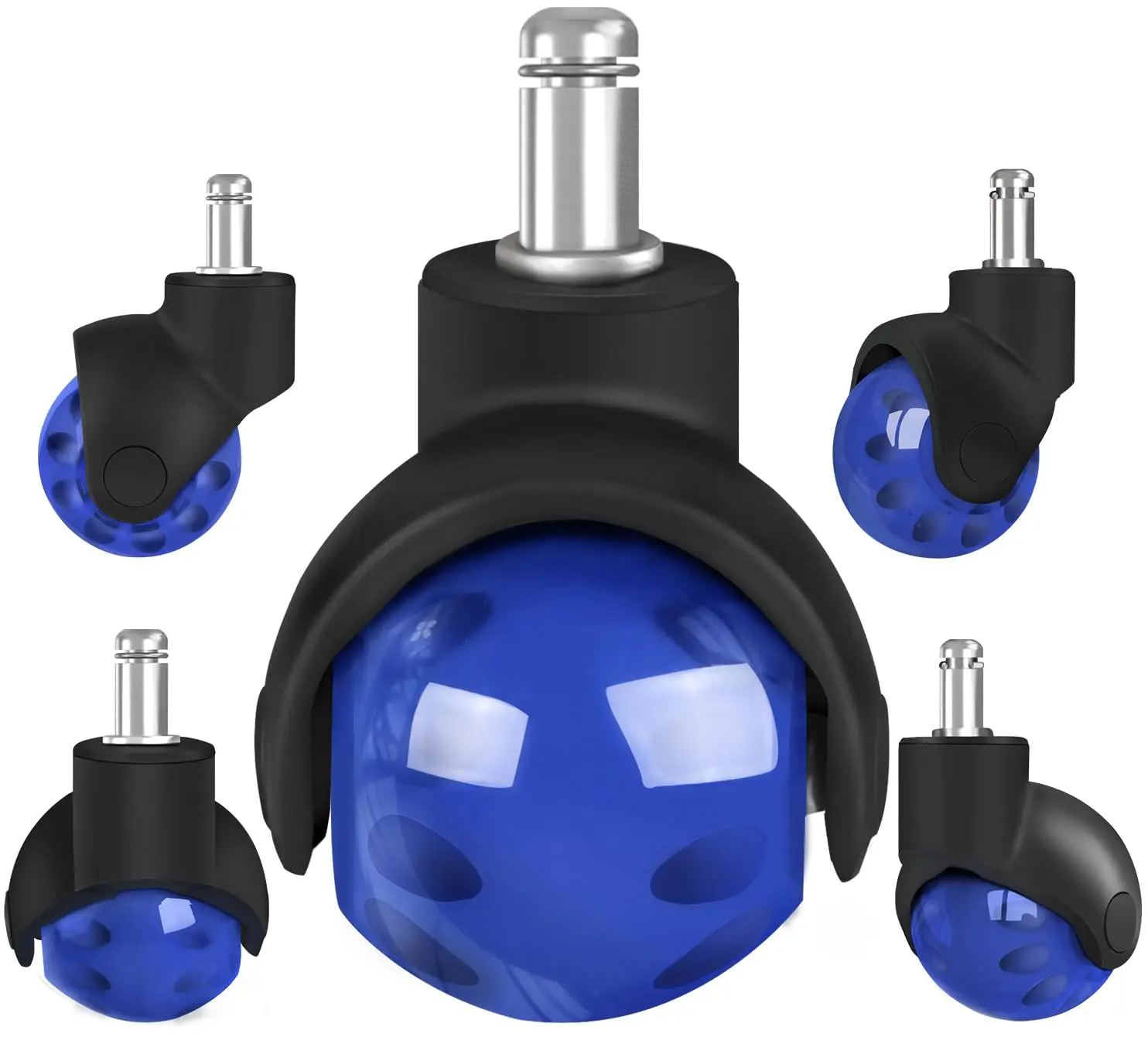 Office Chair Wheels Replacement 2 Inch Rubber Ball Caster Wheels for  Floor Carpet Mats, Set of 5, Heavy Duty Desk & Gaming Chair Casters 7/16" (11mm) Grip Ring Stem, Quiet Smooth Rolling (Blue)