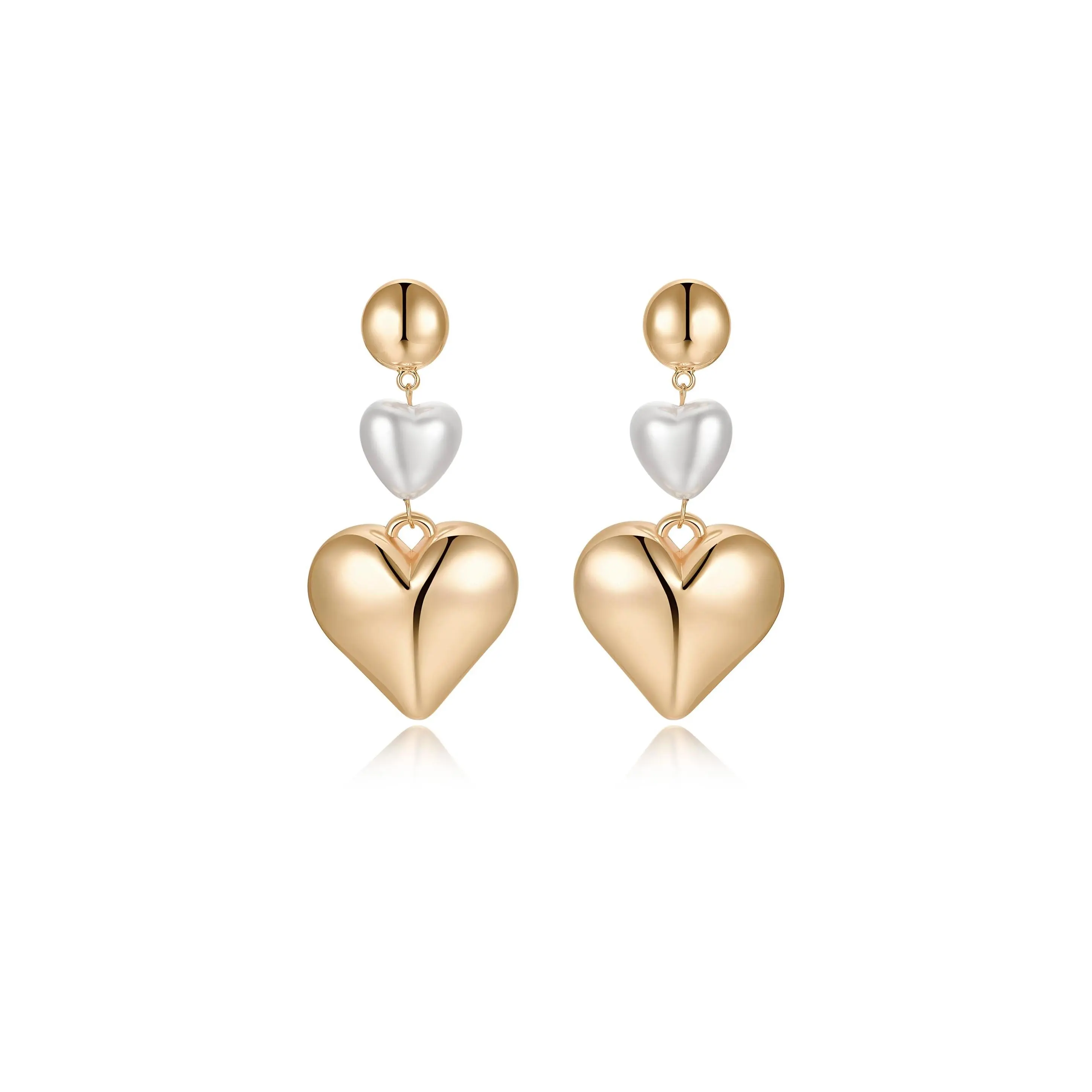 Ettika Pearl Heart Dangle Earrings 18kt Gold Plated Rhodium on Steel 2.95" Statement Design Elegant Sophisticated for Adults