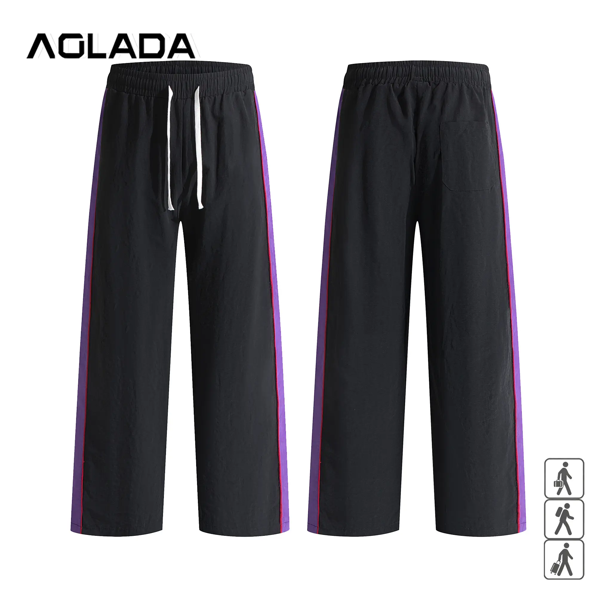 Men's Wide Leg Track Pants with Purple Side Stripe - Stretch Nylon Y2K Sweatpants with Drawstring Waist & Pockets, Retro Loose Fit Joggers, No-Logo, S-2XL, Fast US Shipping #PurpleStripePants #RetroTrackPants #TikTokMadeMeBuyIt