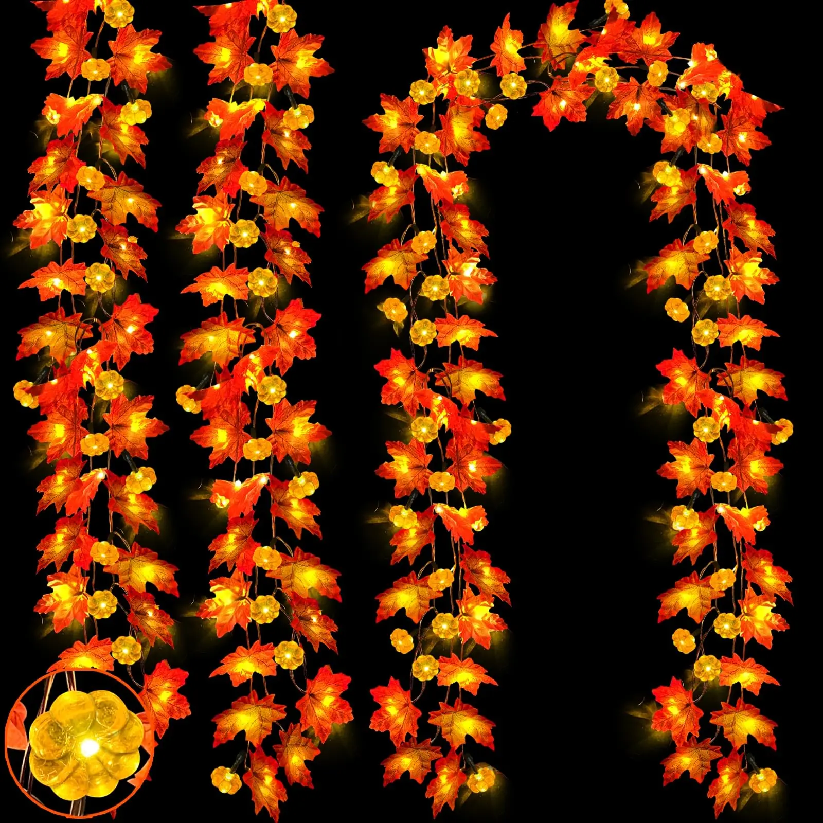 TURNMEON 3-Pack 30ft Long Fall Pumpkin Maple Garland with Lights - 60 LEDs, 4" Enlarged Imitation Maple Leaves, 3D Pumpkin Lights Timer, Battery Operated for Porch Mantel - Fall Decor, Halloween Ornaments, Decoration