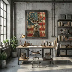 American Industrial Style Canvas Print Wall Art Poster, Western Wall Art, Vintage Retro Deer Design, Home Decor for Living Room Bedroom Office School