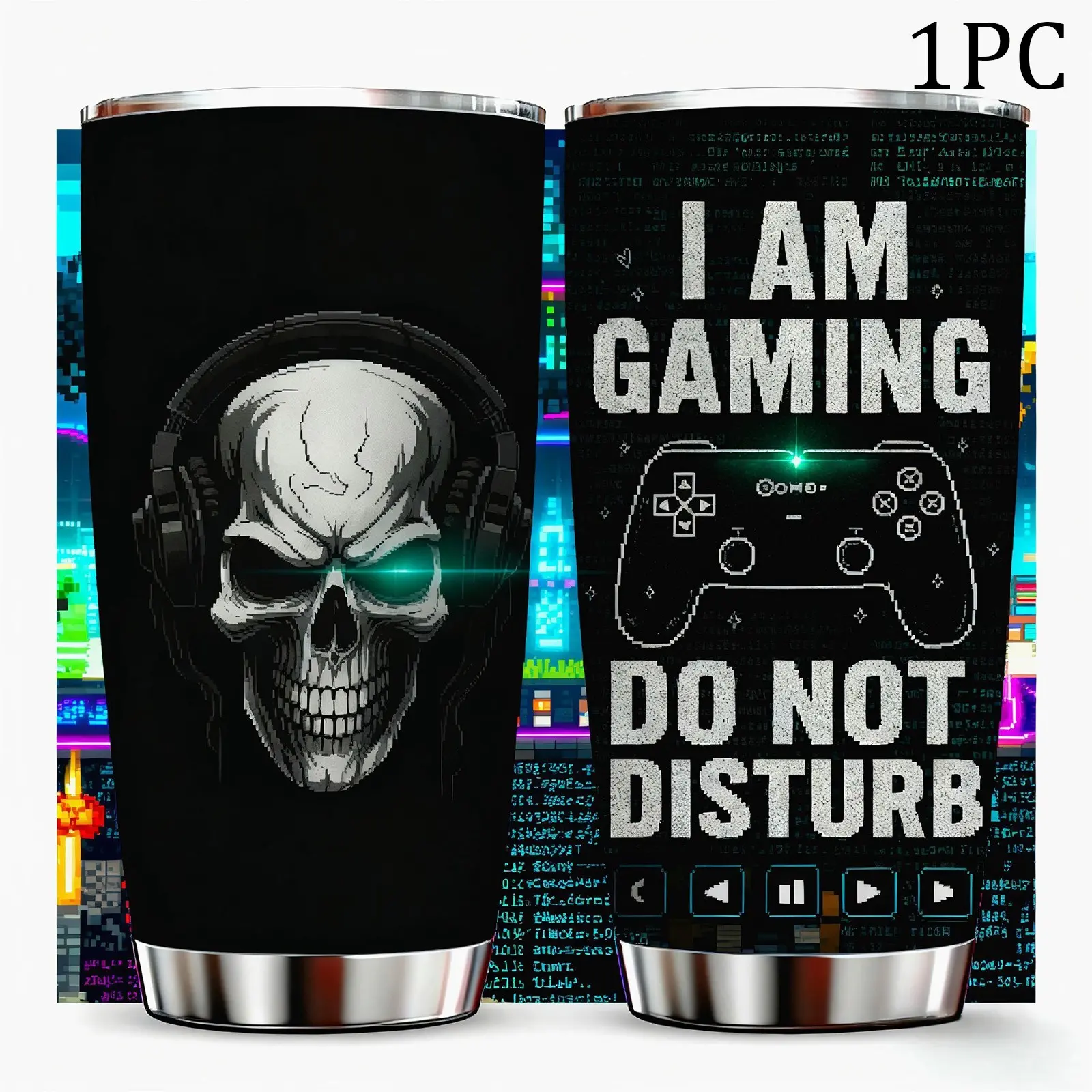 1 Pc 20oz double wall insulated mug, portable drinkware tumbler, leak proof tumbler, Travel Mugs Insulated For Hot And Cold, keeps hot 12 hours and cold 24 hours, gaming skull with headset, gift for men and women, Stainless Steel Drinkware