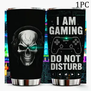 1 Pc 20oz double wall insulated mug vacuum cup, leak proof tumbler, keeps hot 12 hours and cold 24 hours, gaming skull with headset, gaming do not disturb theme, for hot cold drinks, gift for men and women, Stainless Steel Drinkware