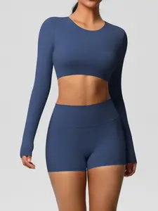 Women's Solid Long Sleeve Crop Top & High Waist Shorts Sportswear Set, Casual Comfy Breathable Two-piece Outfits for Yoga Gym Workout Running, Ladies Sportswear for All Seasons, Solid Tracksuit Set, Fitness Sportswear Set, Gym Clothes Set