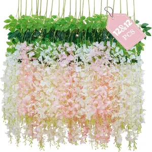 24 Pack Wisteria Hanging Flowers, 3.6 Feet/Pcs White Pink Artificial Flowers, Fake Wisteria Flowers Garland Vines for Bedroom Wedding Home Party Wall Decoration