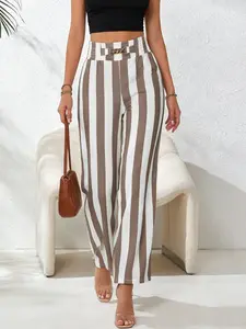 Womens High-Waisted Striped Wide Leg Trousers | Comfortable Loose Fit with Elastic Waist | Summer-Ready Fashion | Perfect for Hot Weather & Everyday Outfits | Effortlessly Trendy
