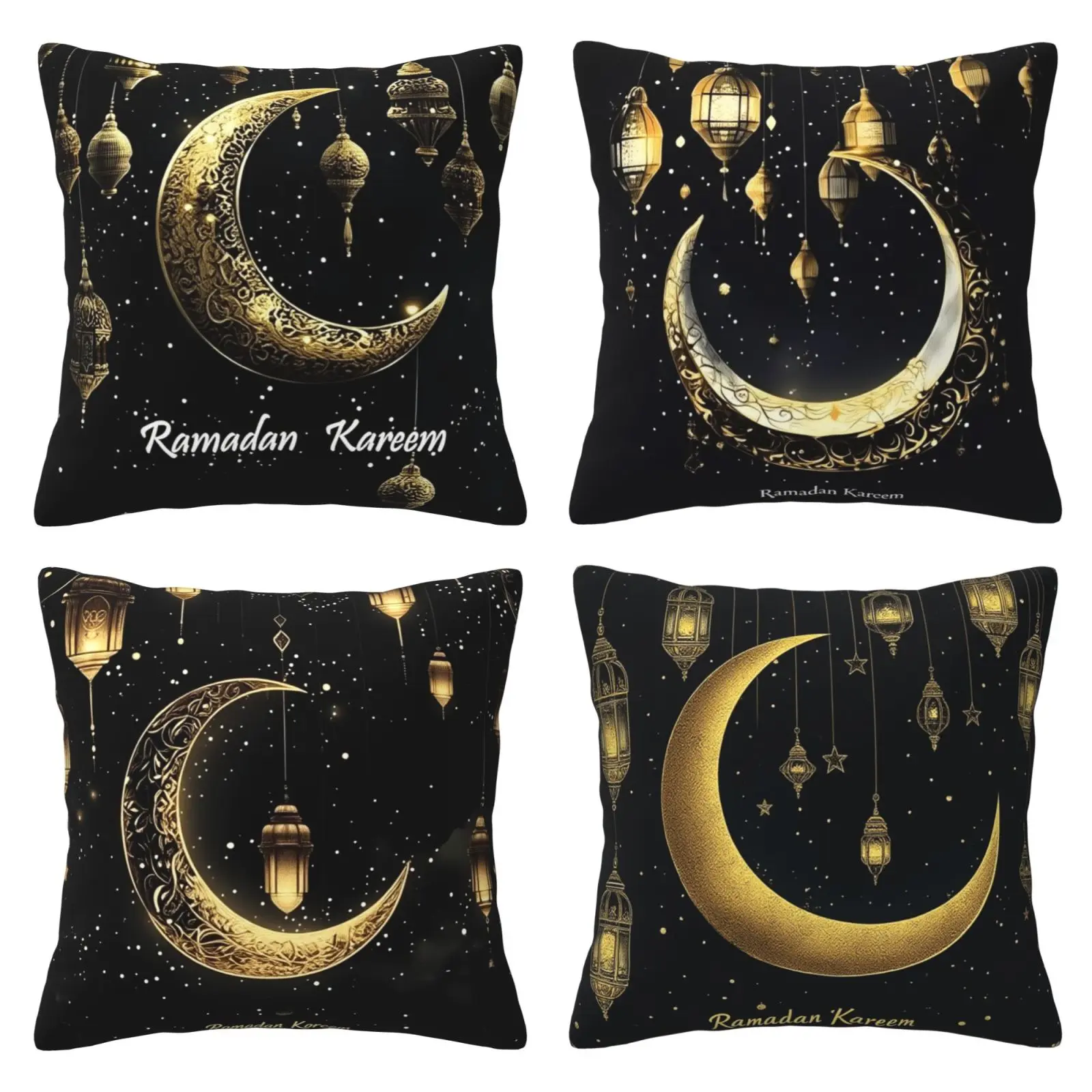 Ramadan Eid Decoration Pillow Set Black Ramadan Auspicious Pillow Set Ramadan Pillowcase Cushion Set Suitable for Sofa, Bedroom, Living Room, Car, 4-piece Set Double sided Printing
