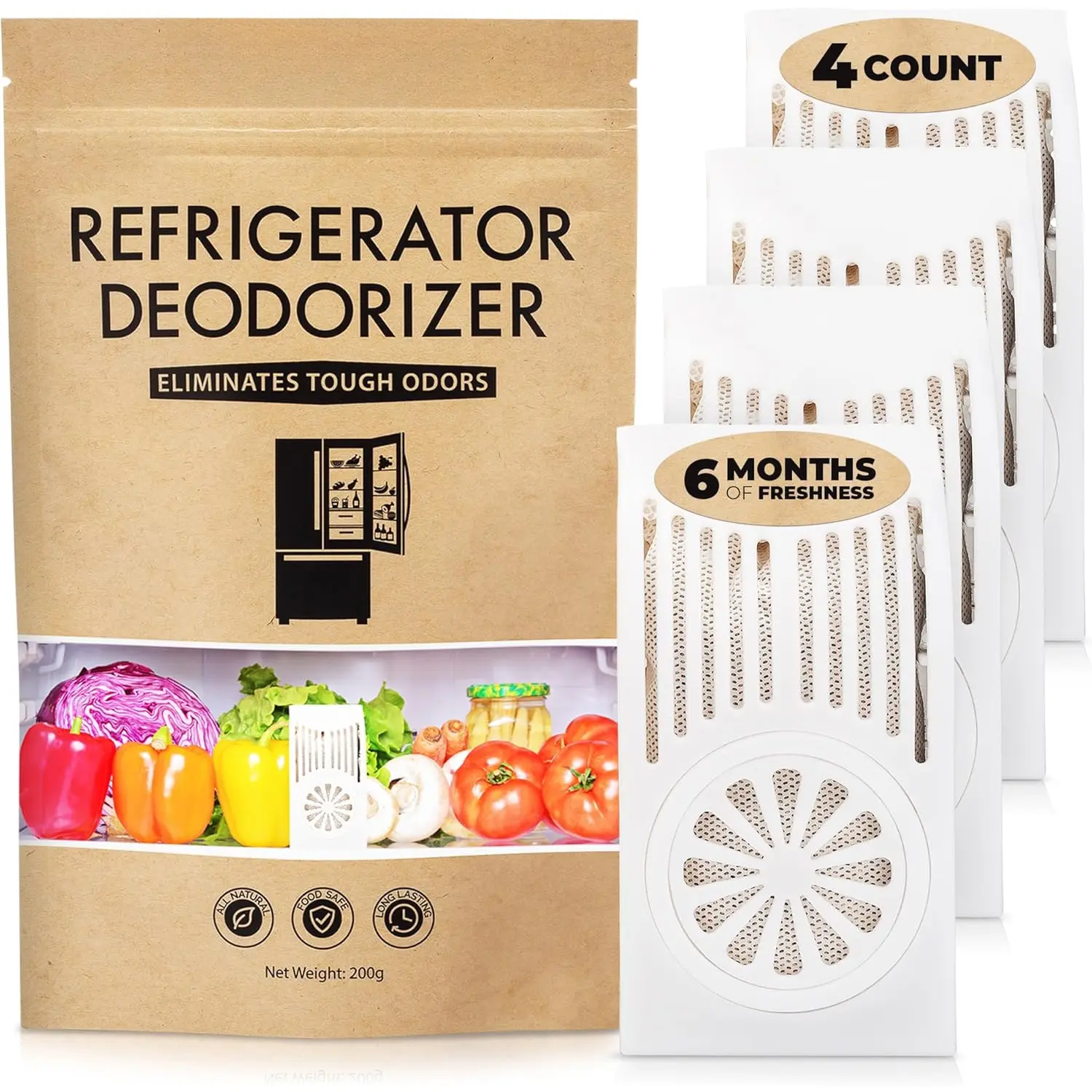 Refrigerator Deodorizer - Odor Eliminator for Fridge & Freezer - Outshines Baking Soda & Deodorizer with Activated Charcoal - Unscented & Long-Lasting, Freshen Refrigerator (4-Count)