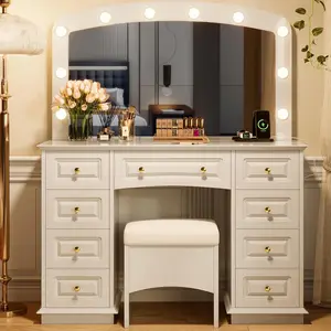 Vanity Desk with Mirror and Lights, Makeup White Vanity with 10 Bulbs, 3 Color Lighting Modes, Dressing Table with Cushioned Stool and 9 Storage Drawers for Bedroom Women Farmhouse LED RGB large