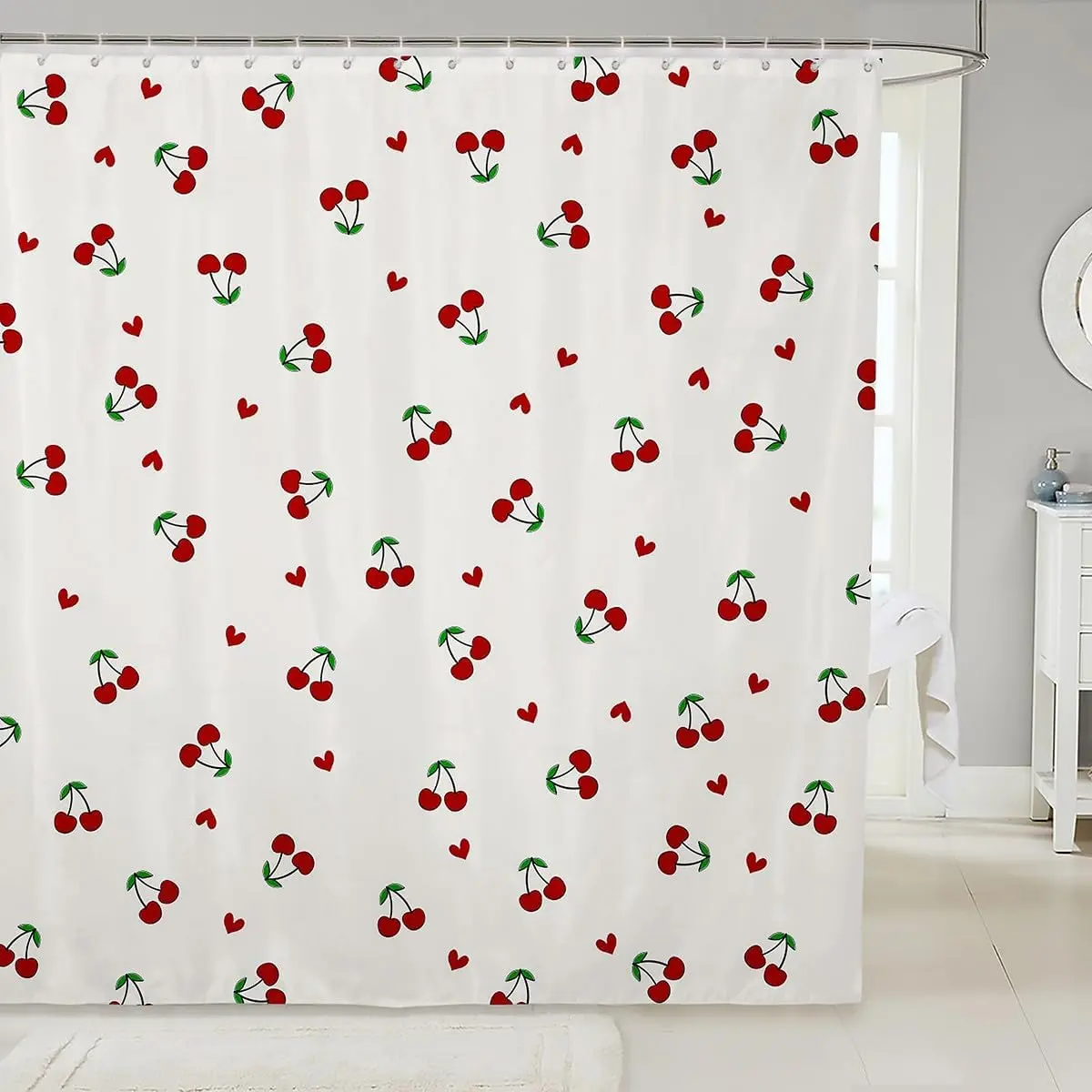 Feelyou Cherry Theme Fabric Shower Curtain Set, Waterproof Washable Designer Print Curtain, Cute Kawaii Fruit Cartoon Bathroom Decoration Accessory, Shower Curtain Sets, Cherry Theme Curtains