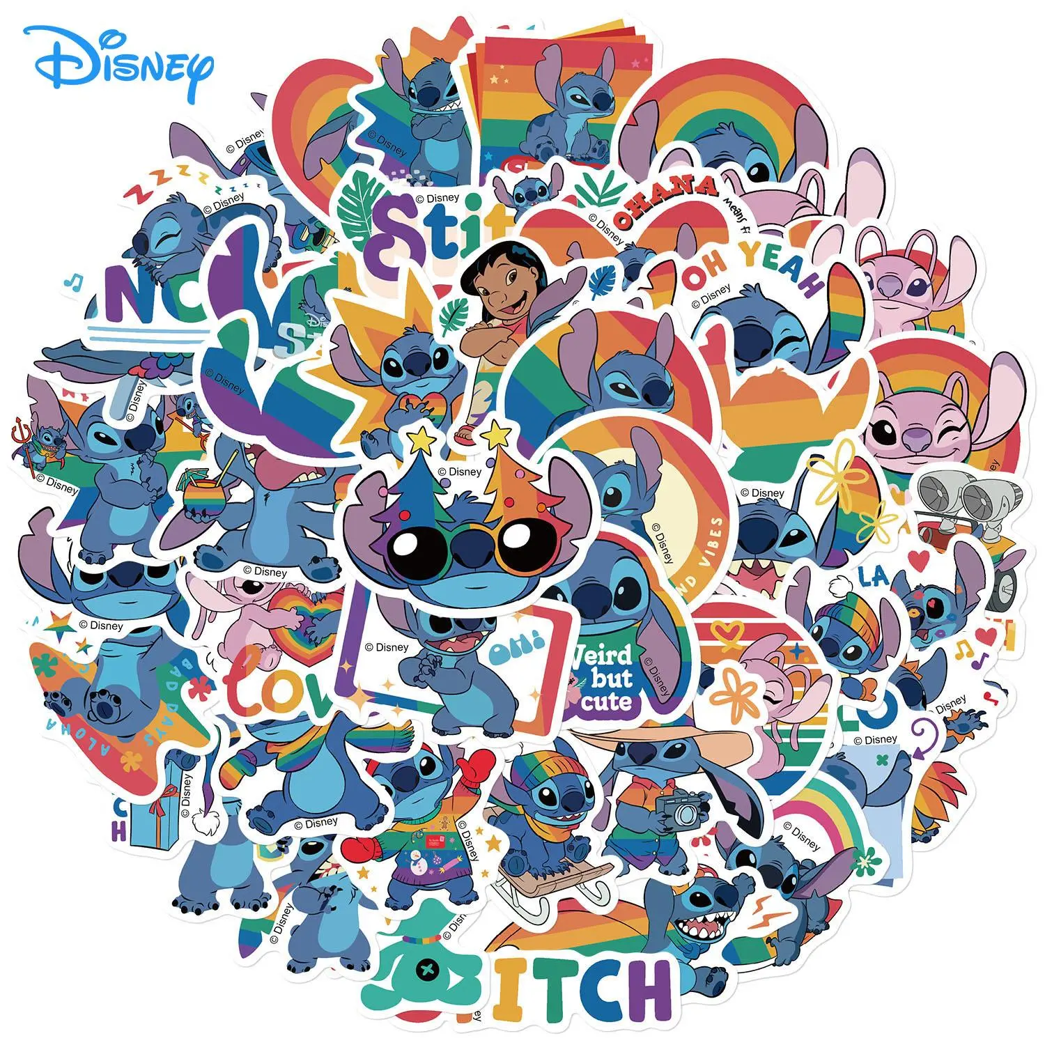 Official Disney Rainbow Stitch Vinyl Stickers Set 50PCS, Waterproof Wear-Resistant Decals in 1.57–2.76 Sizes, Widely Used for DIY Decorations and Gift Making