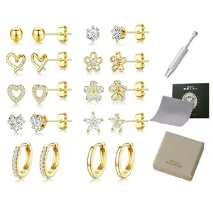 Small Gold Stud Earrings Set for Women - 14K Gold Plated  Hoops Hypoallergenic men's Earrings Dainty Flower Heart Stud Earrings for Jewelry Gift