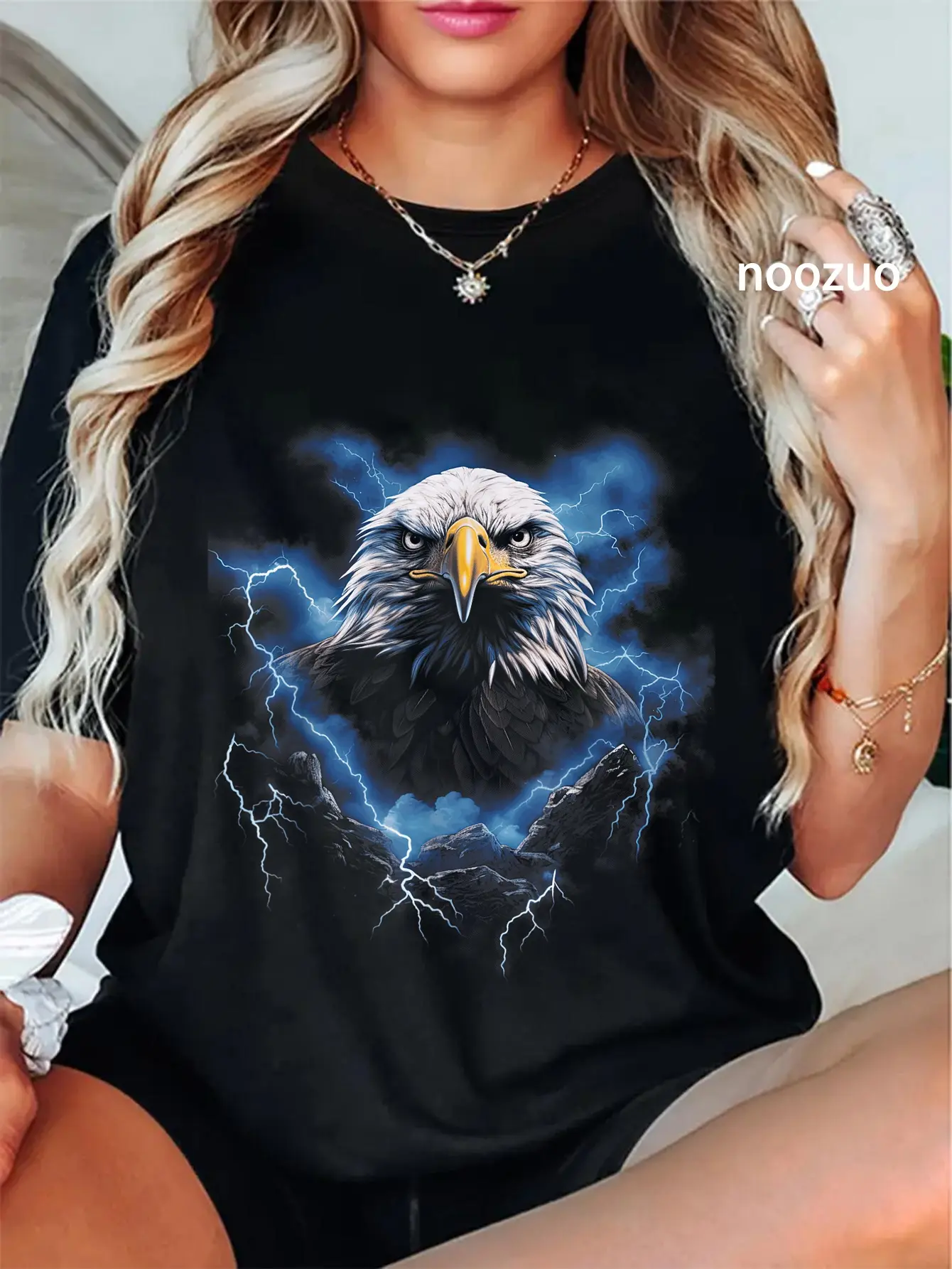 Women's Casual Graphic T-Shirt, Vintage Bald Eagle & Lightning Print, 100% Cotton Short Sleeve Everyday Top, Shortsleeve, Tops