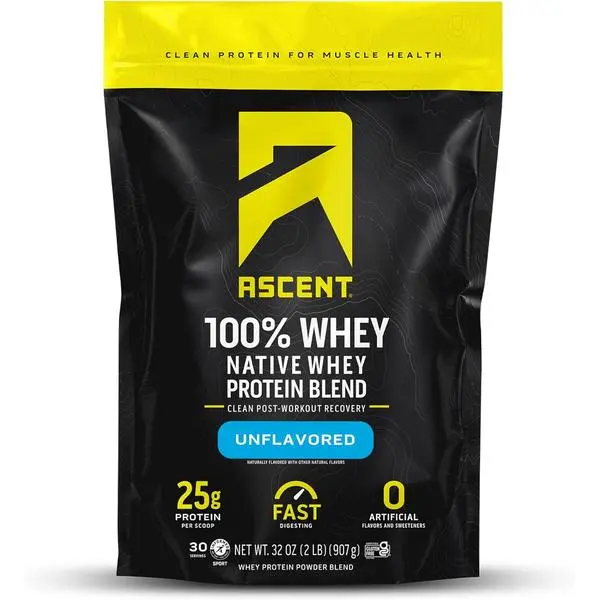 Ascent 100% Whey Protein Powder - Post Workout Whey Protein Isolate, Zero Artificial Flavors & Sweeteners, Gluten Free, 5.5g BCAA, 2.6g Leucine, Unflavored 2 lb