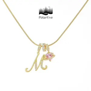 PolarEve 14K Gold Plated 3-Layer Initial A-Z Letter Pendant Necklace for Women Snake Chain Choker Pink Heart Zircon Adjustable Length Jewelry