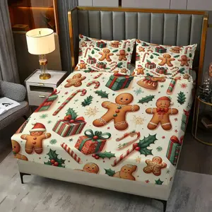 3Pcs Whimsical Christmas Fitted Sheet Set, Featuring Gingerbread Men, Candy Canes, Gifts, and Holly on Cream Background, Cozy and Festive Bedding for Holiday Decor, Perfect for Seasonal Comfort, Decorative Bedding Set