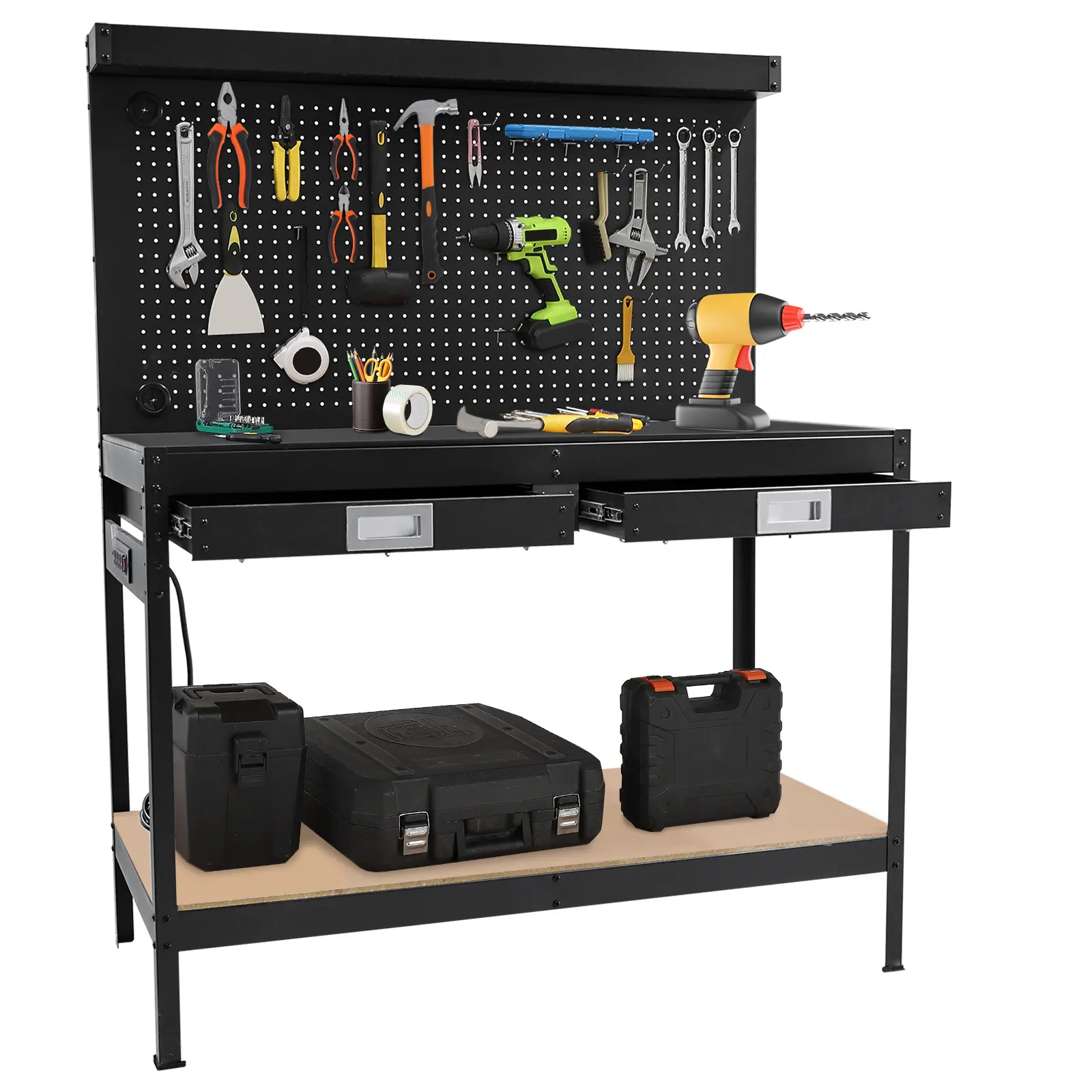 Black 48 Inch 2‑Tier Workbench with Back Panel – Heavy Duty Cold Rolled Steel Frame Work Table with Storage Shelf – For Garage, Workshop, Home Office Utility Organization & Tool Storage Workstation