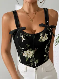 Black Floral Corset Top Women Tummy Control Waist Trainer Shapewear Tank Top Boned Sweetheart Neck Bow Going Out Night Out Club Party Y2K Sexy Coquette Vintage Summer Tops