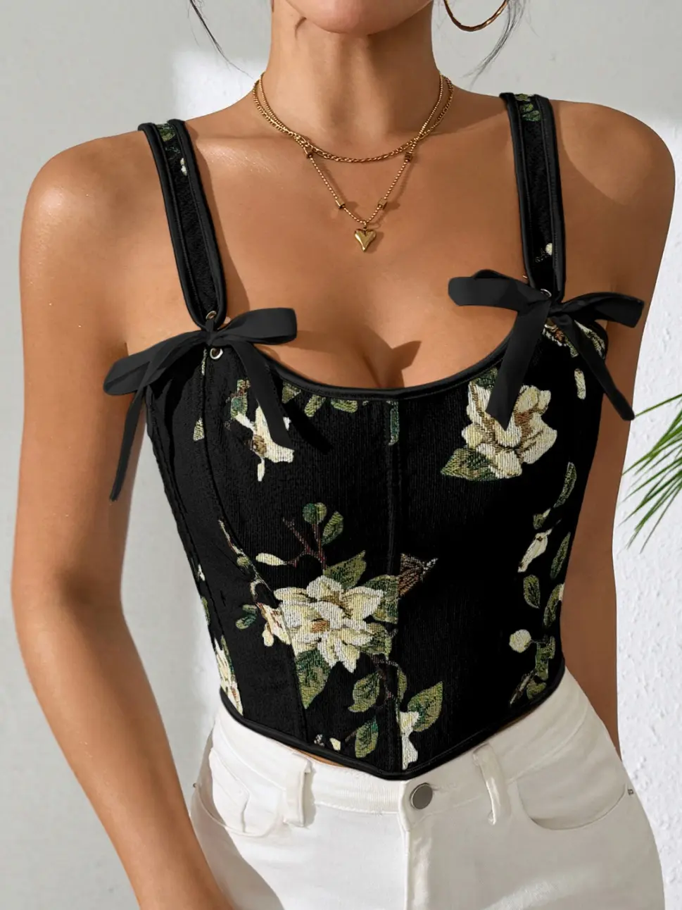 Black Floral Corset Top Women Tummy Control Waist Trainer Shapewear Tank Top Boned Sweetheart Neck Bow Going Out Night Out Club Party Y2K Sexy Coquette Vintage Summer Tops