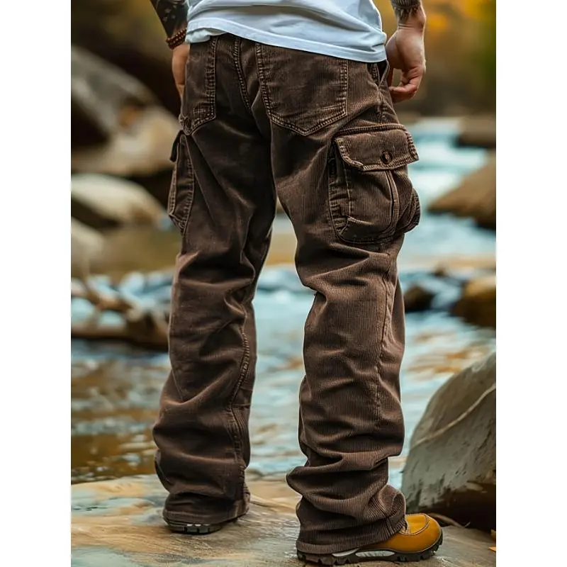 Men's Brown Corduroy Cargo Pants with 3D Pockets - Casual, Breathable Polyester Woven Trousers for Fall/Winter Everyday Wear, Outfits with Crochet Accents, Vietnam-Made, Chiffon-Lined Beige Joggers