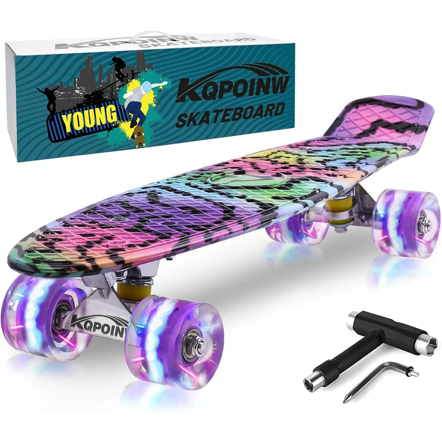 22 Inch Mini Cruiser Skateboard, Complete Skateboard with Colorful Flashing Wheels, Beginner Skateboard for Kids Boys Girls Teens, Ideal Children's Day Gif