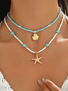 2PCS Bohemian Ocean Style Women's Trendy Jewelry Set, Turquoise Blue Pendant Necklace & Choker, Artificial Alloy Starfish Bracelet, Beach Wedding Party Wear