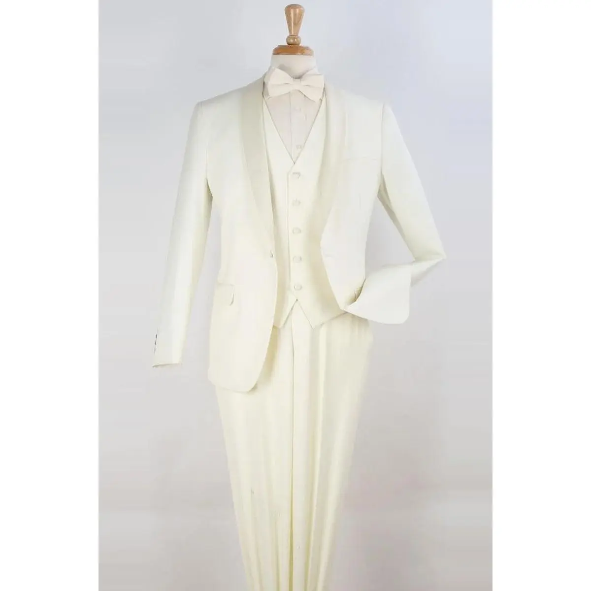 Mens One Button Modern Fit Vested Shawl Tuxedo in Ivory