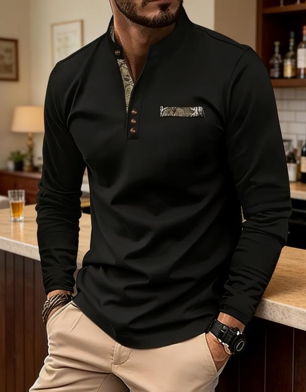 Men's casual long sleeved shirt with leopard print pocket - lightweight elastic polyester, stand up collar, autumn and winter button details