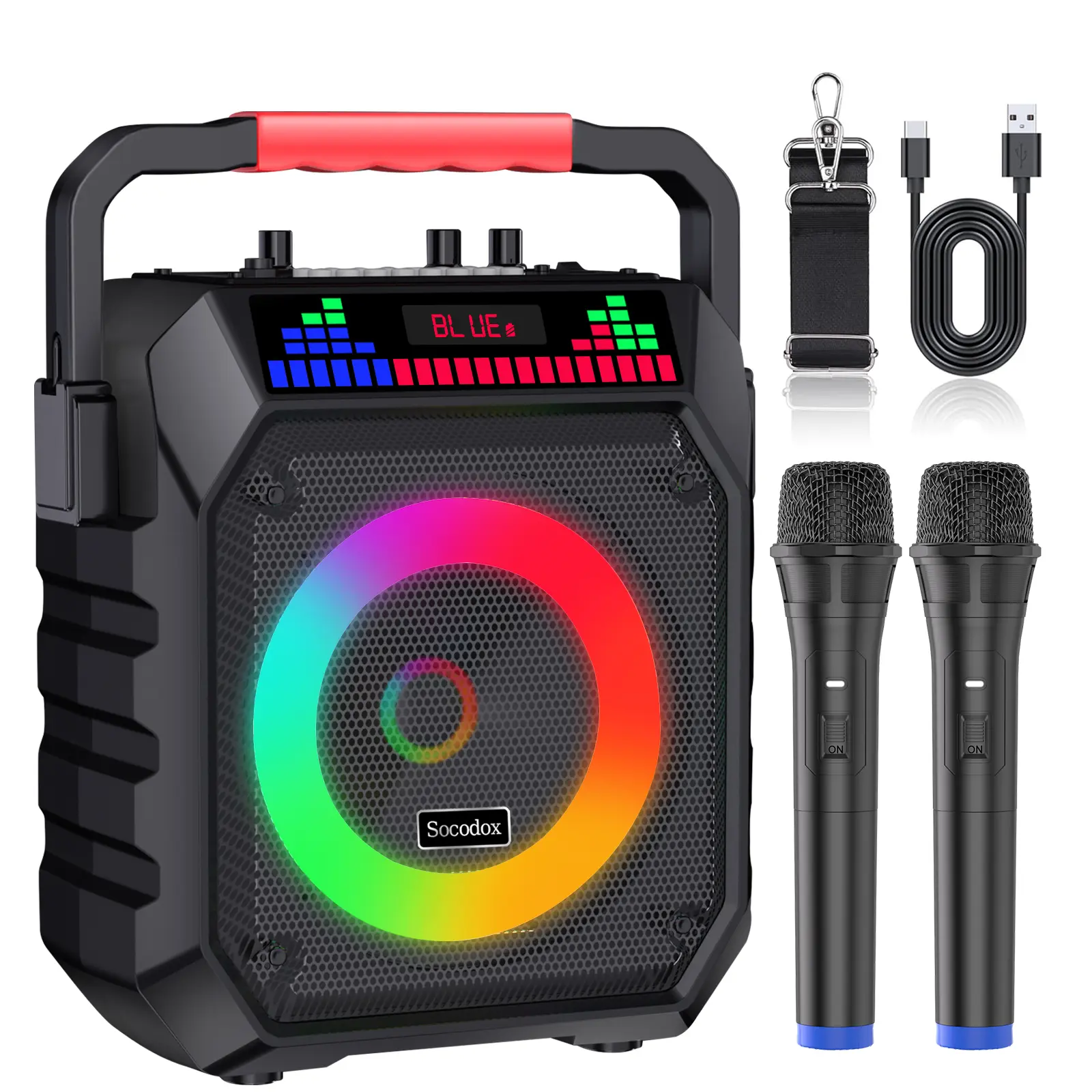 Socodox Karaoke Machine for Adults & Kids Portable Bluetooth 5.2 Speaker with 2 Wireless Microphones RGB Lights AUX USB TF AUX Home PA System for Family Party Outdoor Fun