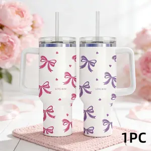 Bow Pattern Tumbler Cup, 40oz Large Capacity Stainless Steel Vacuum Insulated Cup with Handle, Portable Coffee Cup for Travel, School, Office, Outdoor