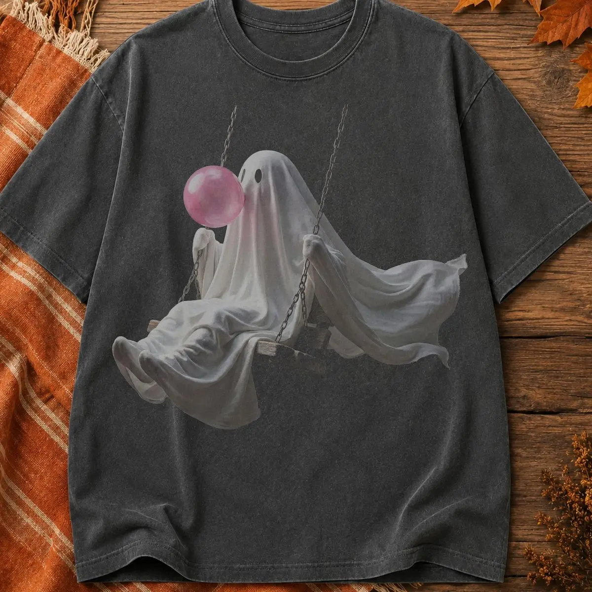 Comfort Colors Bubble Gum Ghost Shirt, Cute Ghost On Swing Graphic Tee, Vintage Halloween Shirt, Spooky Season Fall Aesthetic Tee