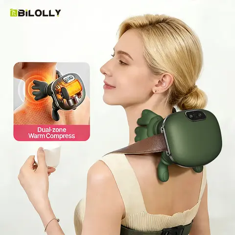 BiLOLLY Shiatsu Neck & Shoulder Massager - Heatable Neck Shoulder Relaxer for Adults, Bionic Hand Kneading, Deep Tissue, Low-Voltage Therapy, Battery-Powered, Portable Model N7 for Office, Home, Back Use