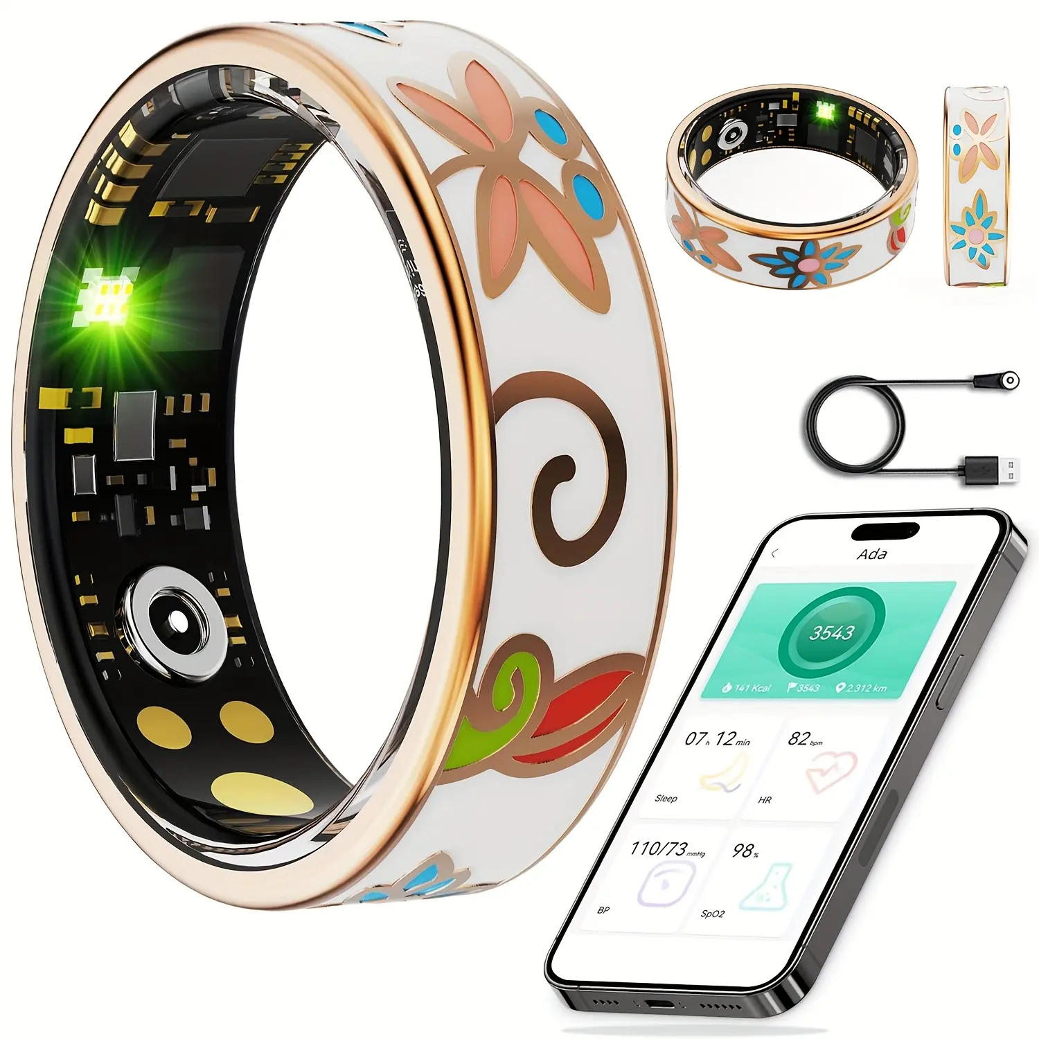 2026 Enamel Smart Ring, designed specifically for women - a fitness and activity tracker that monitors steps, distance, and calories, features photo control, and is compatible with iPhone and Android devices
