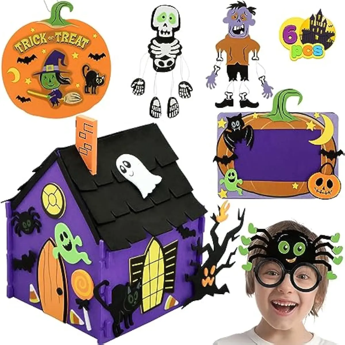 Halloween Foam Craft Kit, Party Favors for Kids, Art Crafts with 3D Haunted House, Photo Frame, 2 Halloween Characters Decor, Glasses, Trick or Treat Door Sign Hanger, School Activities Games