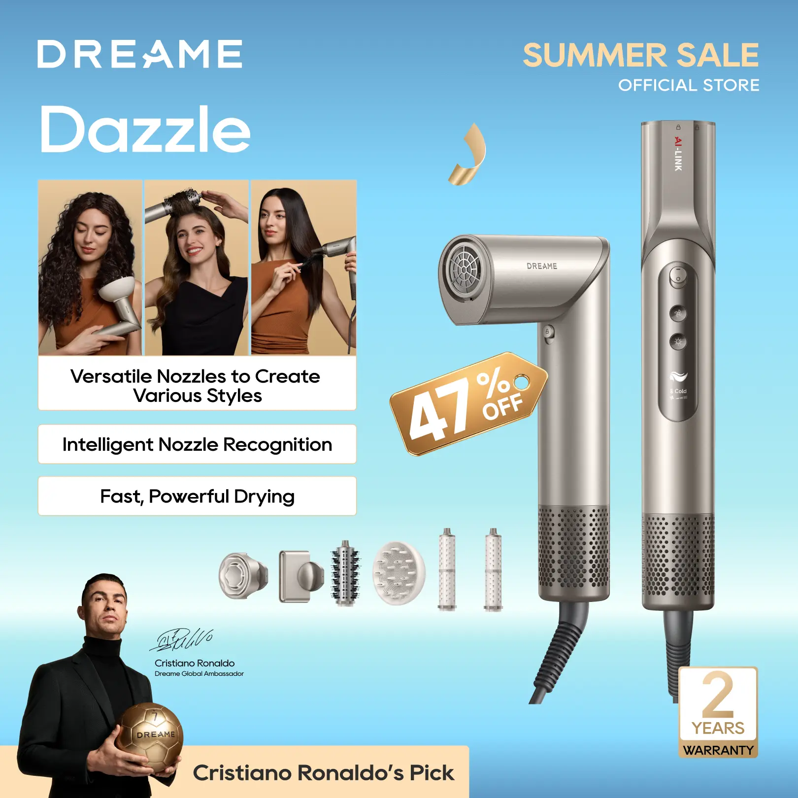 DREAME Dazzle Ionic Hair Dryer, Salon Blow Dryer for Fast Drying and Styling with 110,000RPM Motor, 5 Snap-on Attachments & Smart Screen, Salon Hair Dryer,back to school,back to school haul