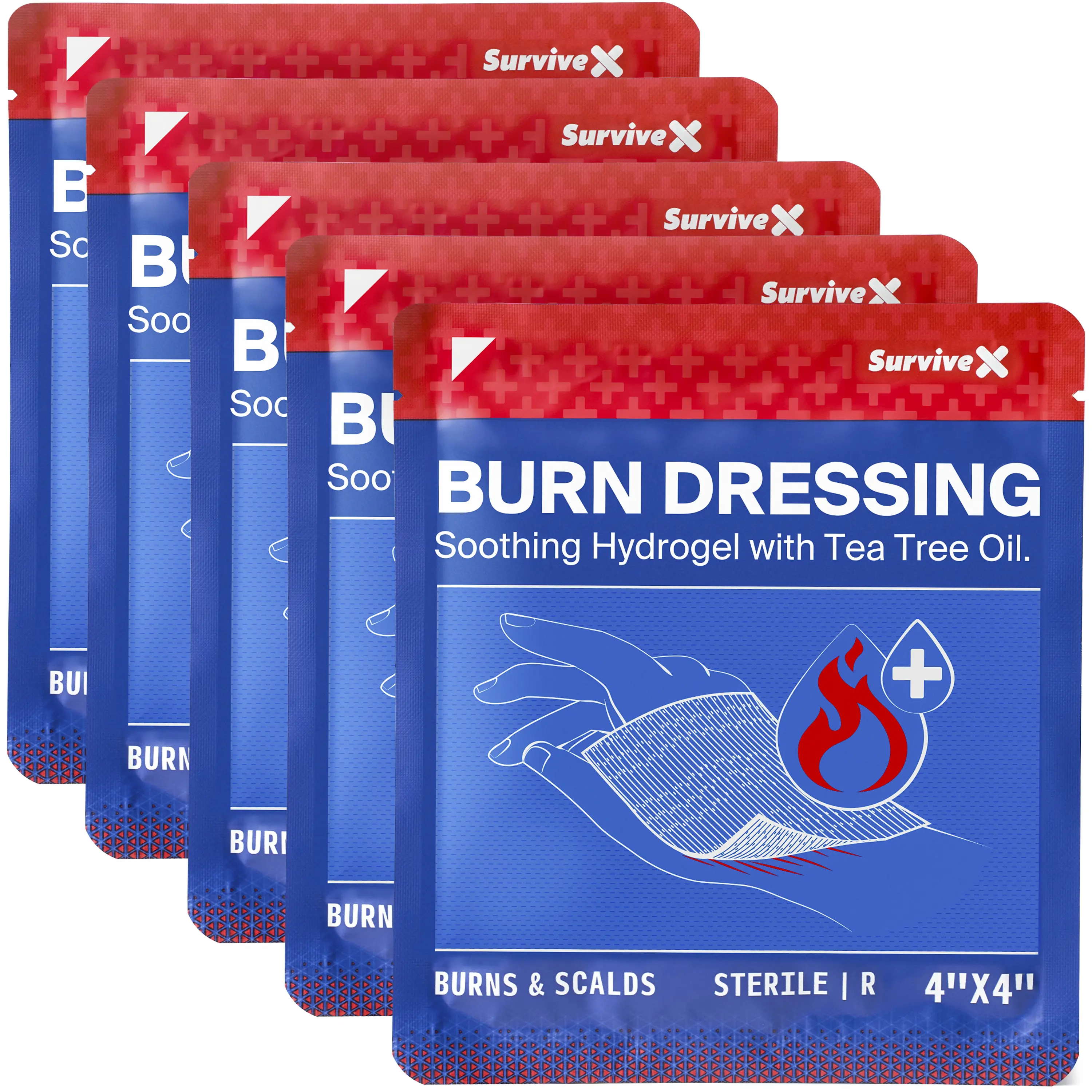 SURVIVEX Hydrogel Burn Dressings with Tea Tree Oil - 4x4 in Sterile Non-Stick Pads, Hydrogel Gel Bandage Material, Cold Gel Compression Fast Relief Antibacterial Care - 5 Pack Emergency First Aid, Bandage Material Burn Care