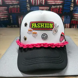 Fashion Trucker Mesh Hat with Colorful Embellishments and Pink Trim Design