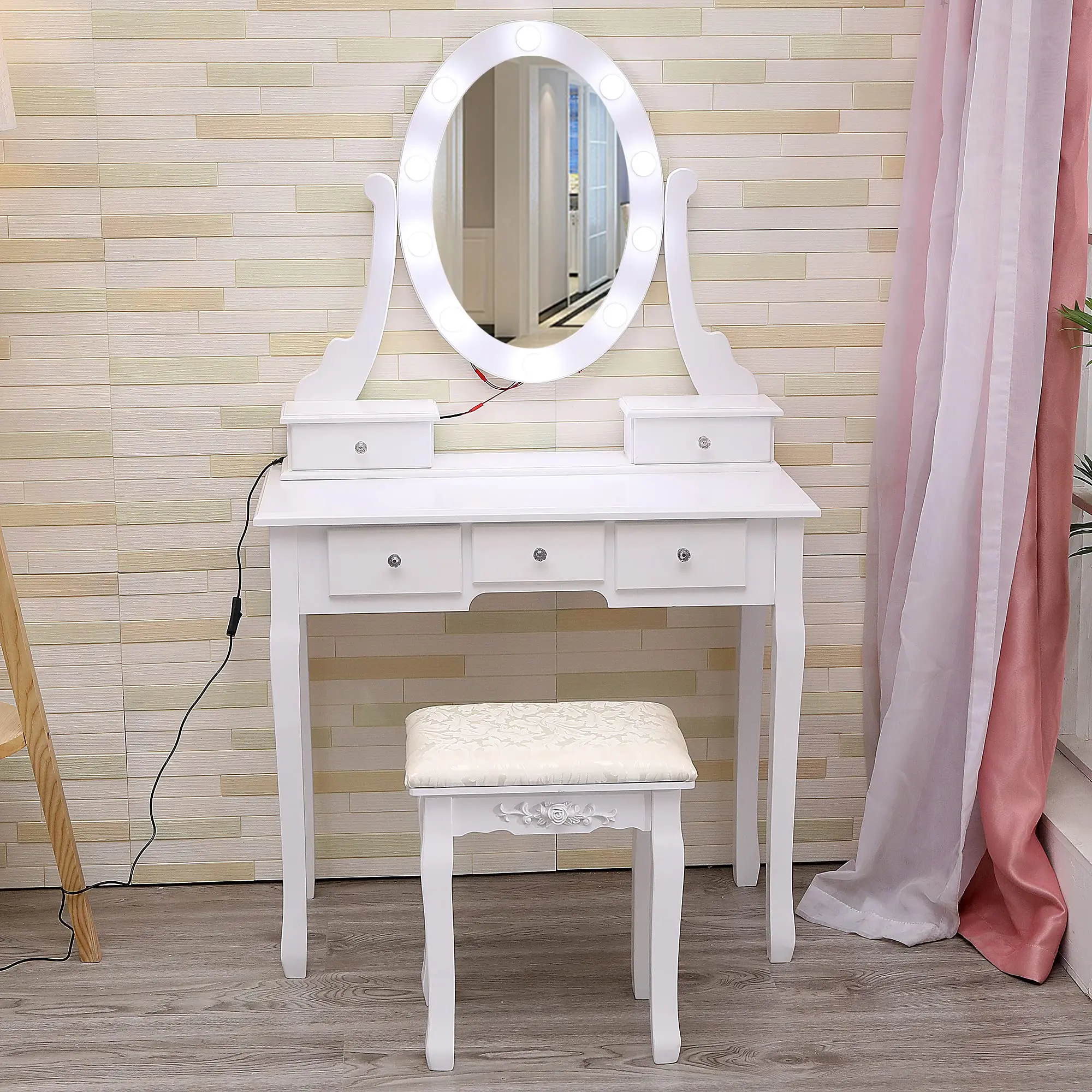 GARVEE Modern Makeup Vanity Set with Lighted Mirror, Cushioned Stool, 5 Drawers, and Adjustable LED Lights - Wooden Dressing Table for Teens & Women, Black and White Bedroom Furniture