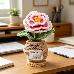 Handmade Crochet Potted Plant Decor, Knitted Artificial Flowers, Cute Car Dashboard Ornament, Festive Gift for Holidays