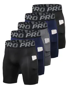 Men's Sporty Compression Pack of 5, Tight Fit Polyester Running Basketball Gym Running Workout Gym Sports Shorts with Pockets, Elastic Waist All Seasons