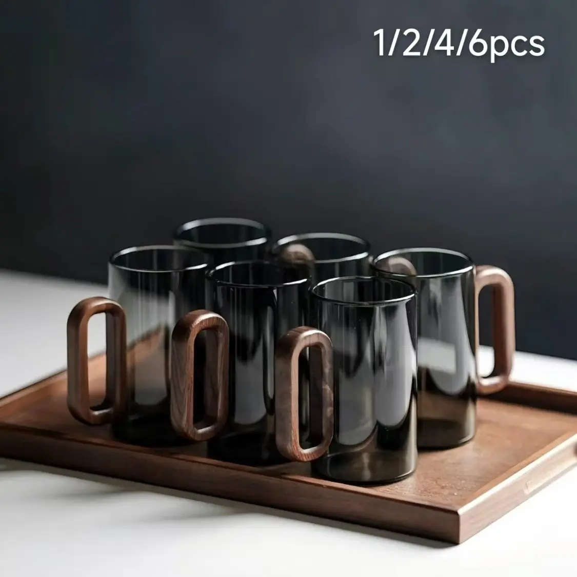 1/2/4/6 Pcs Food Grade Borosilicate Glass Cup Set, Heat Resistant Thickened Lead Free Tea Cups with Walnut Wooden Handle, Aesthetic Drinkware for Home & Office, Reusable, Washable Clear Glass Mugs for Tea Coffee Latte, Gift, Kitchen Drinkware Cups