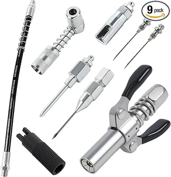 9-Piece Grease Gun Coupler Kit – 90° Adapter, 12" Extension Hose, Needle Nozzle Tips & Zerk Fitting Cleaner – Complete Grease Gun Accessory Set