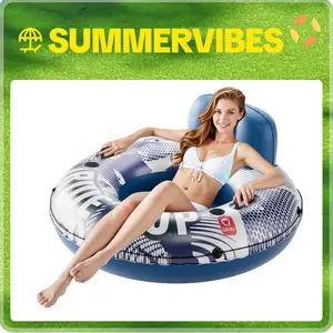 QPAU Inflatable River Tube, 0.4 mm Thickened Puncture-Resistant Heavy Duty River Float, River Raft with Ergonomic Backrest, Mesh Bottom & 2 Cup Holders for Family Friends Lake Float