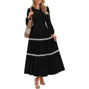 ZESICA Women's Fall Long Sleeve Maxi Dresses 2026 Casual Crewneck Smocked A Line Tiered Flowy Wedding Guest Long Dress