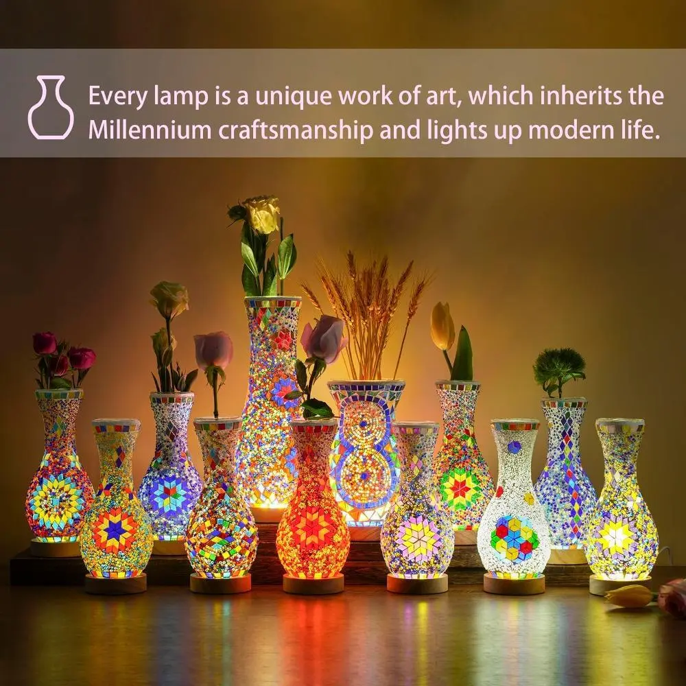 Handcrafted Mosaic Glass Vase Table Lamp - Turkish Moroccan Bohemian Artistic Table Lamp with Solid Wood Base, USB Plug Vintage Elegant Lighting, Decorative Atmosphere Indoor Decorative Light for Bedroom, Living Room, Artistic Table Lamps, Decorative Atmo