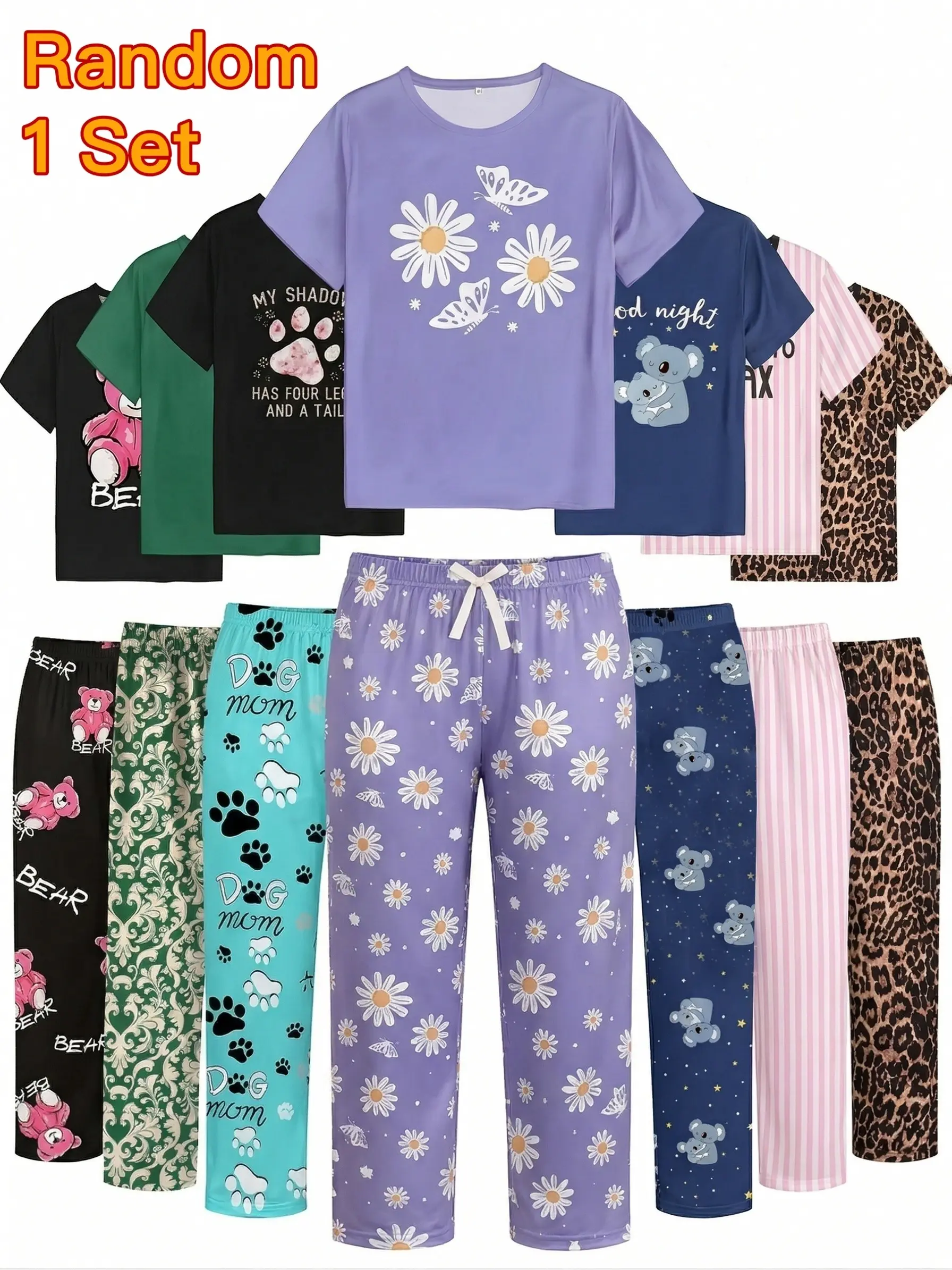 Women's 1-Piece Comfortable Lightweight Elastic Short-Sleeve Top & Long Pants Pajama Set with Cute Prints for Nightwear Loungewear