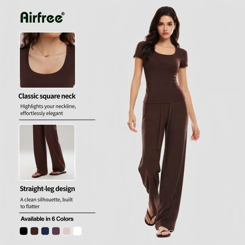 Airfree Women's 2 Piece Workout Set, Square Neck Short/Long Sleeve Top & Straight Leg Pants, Shaping Support Quick Dry Breathable Activewear Tracksuit,  Regular & Tall Length 28.5'' 30.5'' Yoga Gym Running Outfit, Workout Clothes